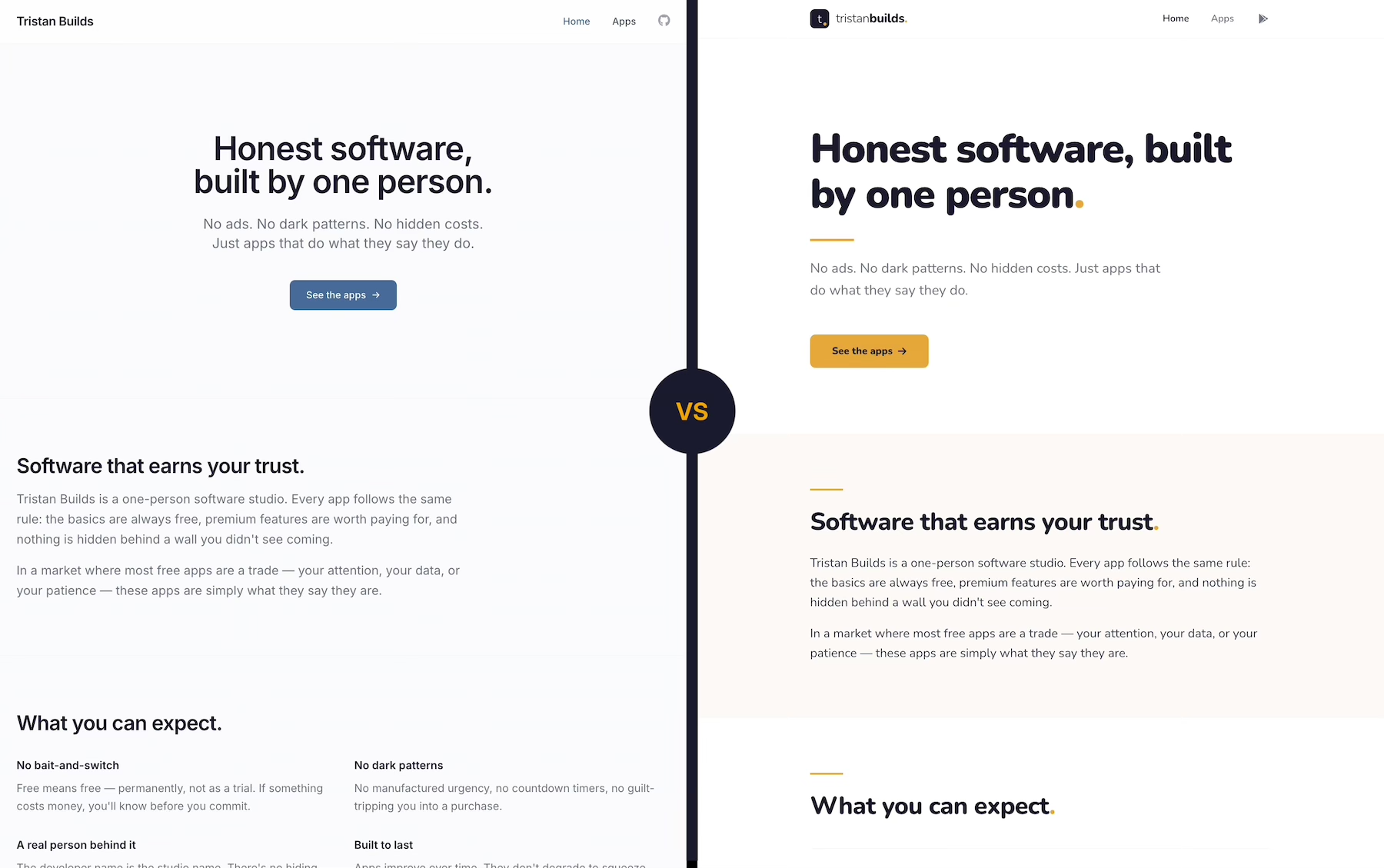 A side-by-side comparison showing generic AI-generated UI on the left and branded, distinctive UI on the right.