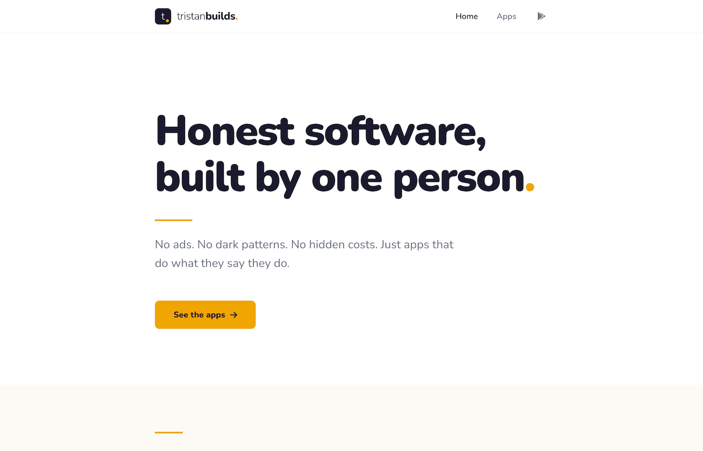 Screenshot of tristanbuilds.com homepage showing a navy and amber brand palette with custom typography and a distinctive, restrained visual identity.